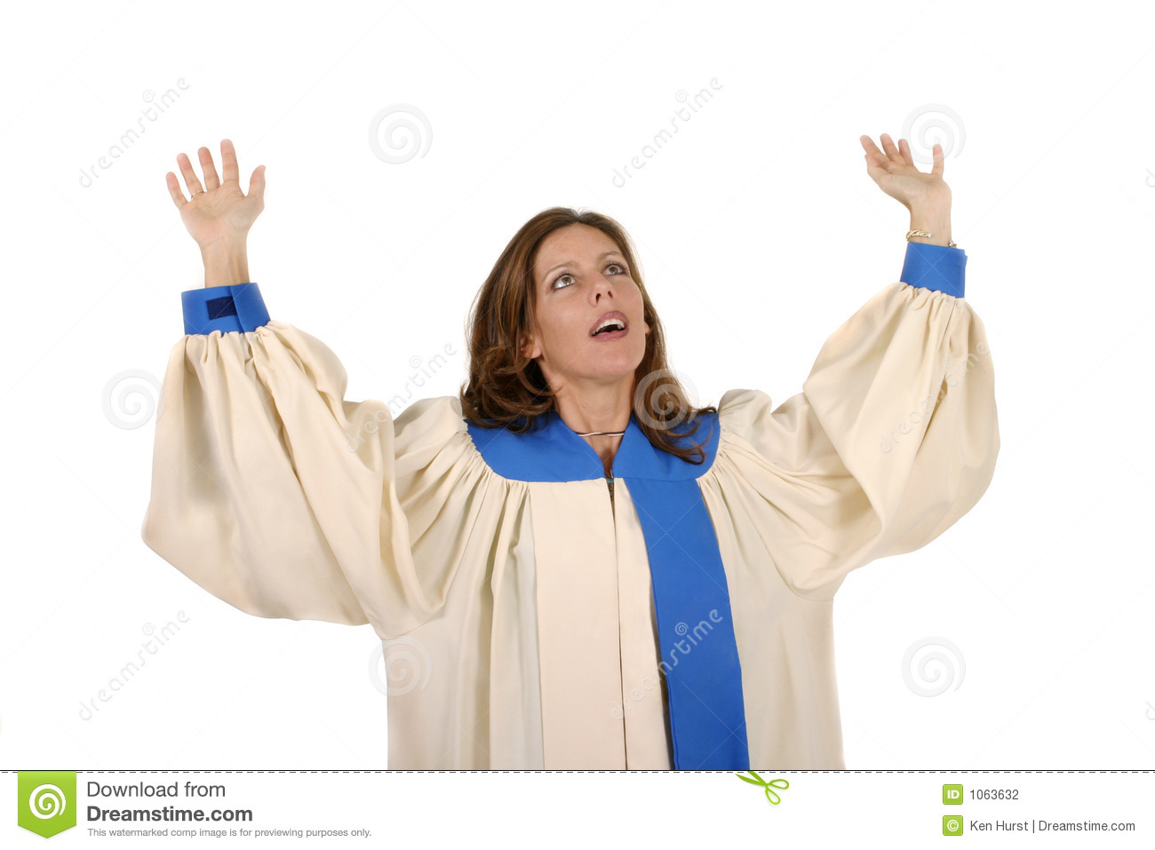 Woman In Church Choir Robe With Her Arms Raised In Charismatic Praise