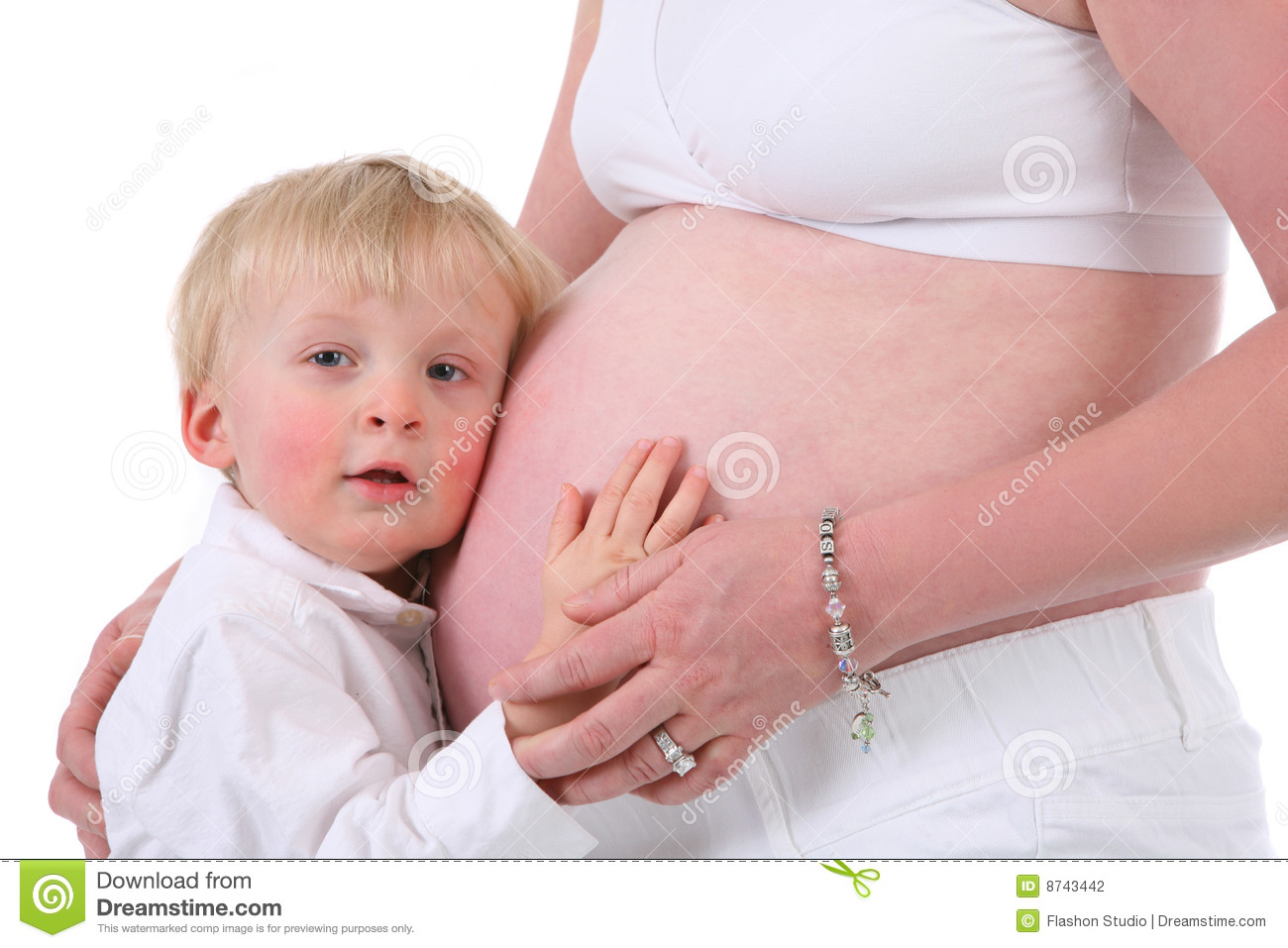 Baby Boy Hug Pregnant Mom Tummy High Key Portrait Stock Photography