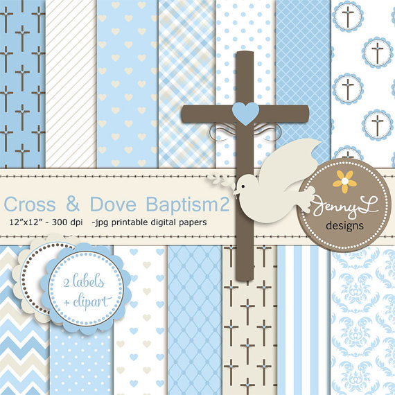 Boy Baptism Digital Papers Cross Dove Clipart First Communion Holy