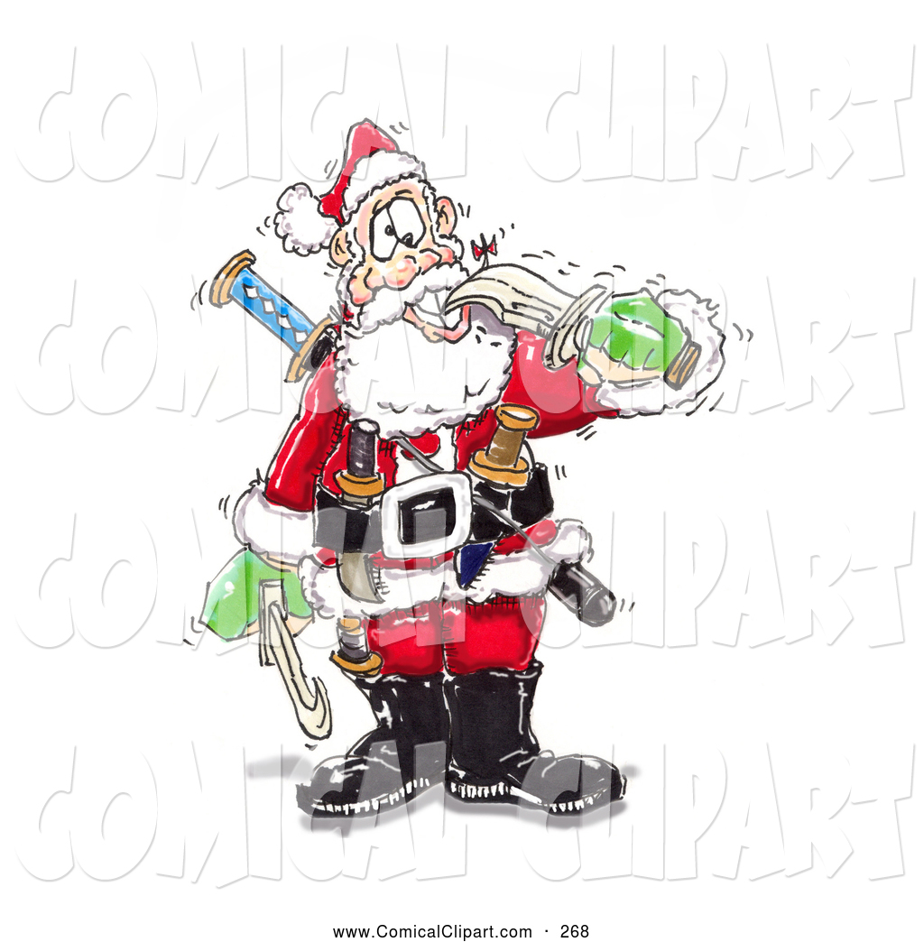 Comical Clip Art Of A White Crazy Santa Biting A Sword With His Teeth