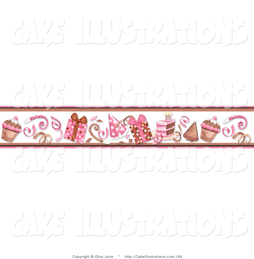 Hats And Birthday Cake On White Pink Border Of Frosted Cupcakes Border