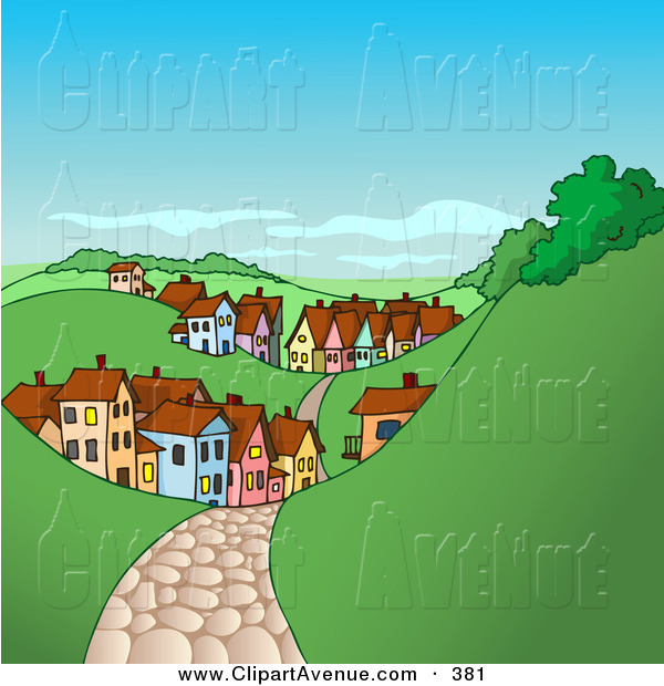 Avenue Clipart Of A Brown Cobblestone Road Leading To A Village Of