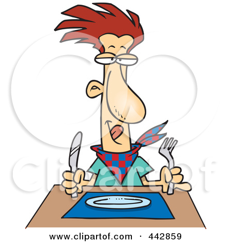 Clip Art Illustration Of A Cartoon Hungry Man Waiting For His Dinner
