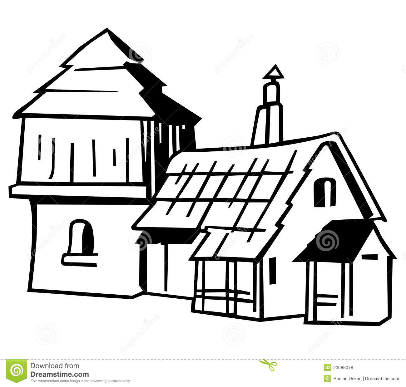 Village House   Black And White Cartoon Illustration Vector