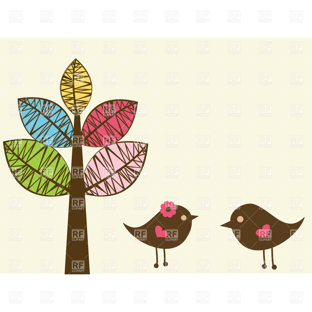 Couple Of Birds And Stylish Tree Download Royalty Free Vector Clipart