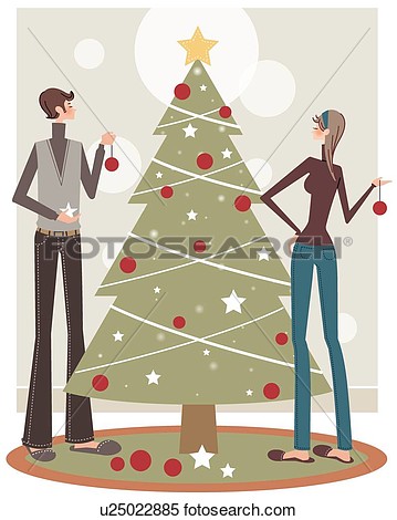 Illustration   Couple Decorating Tree  Fotosearch   Search Clipart