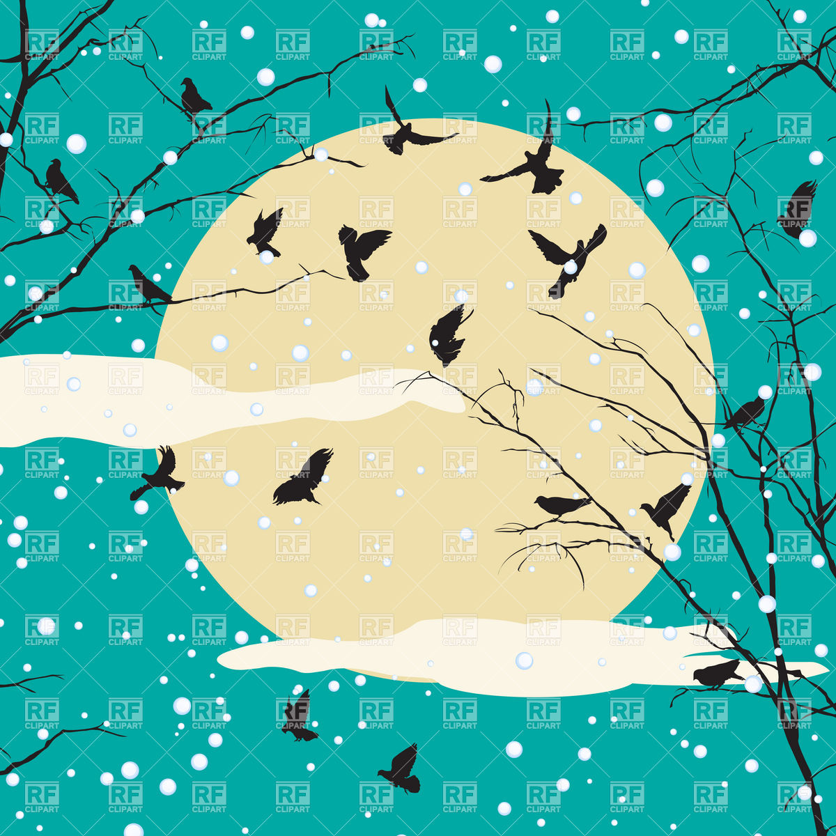 Bird Silhouettes And Tree Branches Over Moon   Winter Background 6679