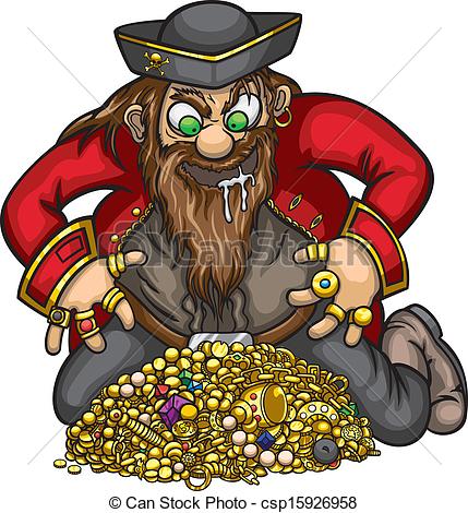 Clipart Vector Of Pirate With Gold Treasure   Greedy Pirate Is Capture