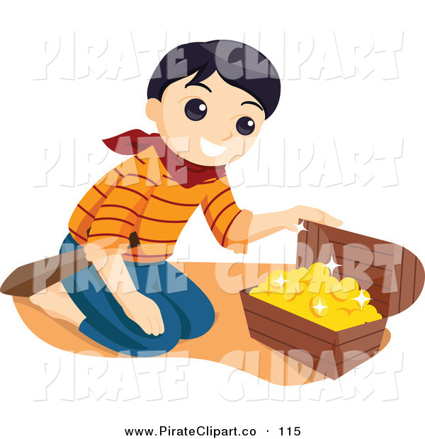Of A Happy Pirate Boy Kneeling In Front Of Treasure Chest With Gold