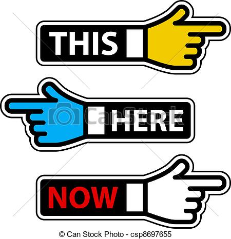 Vector   Vector This Here Now Hand Pointer Labels   Stock Illustration