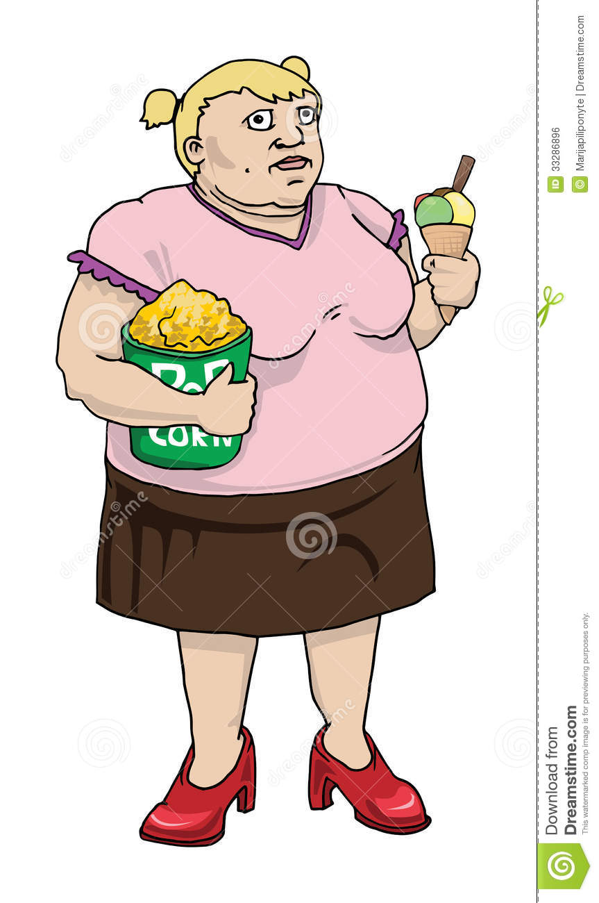 Fat Woman With Pop Corn And Ice Cream Royalty Free Stock Image   Image