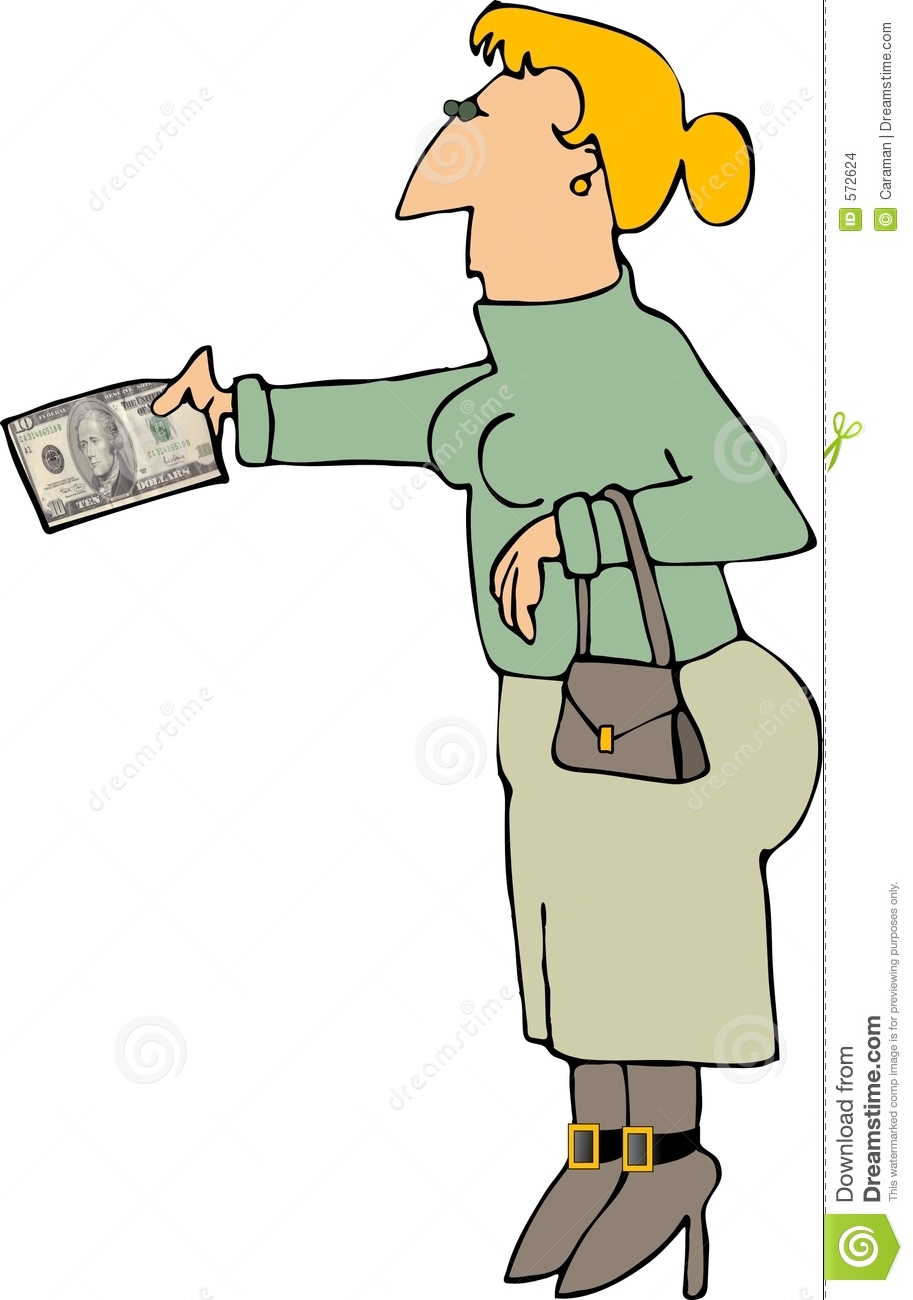 This Illustration Depicts A Woman Holding Out A Ten Dollar Bill