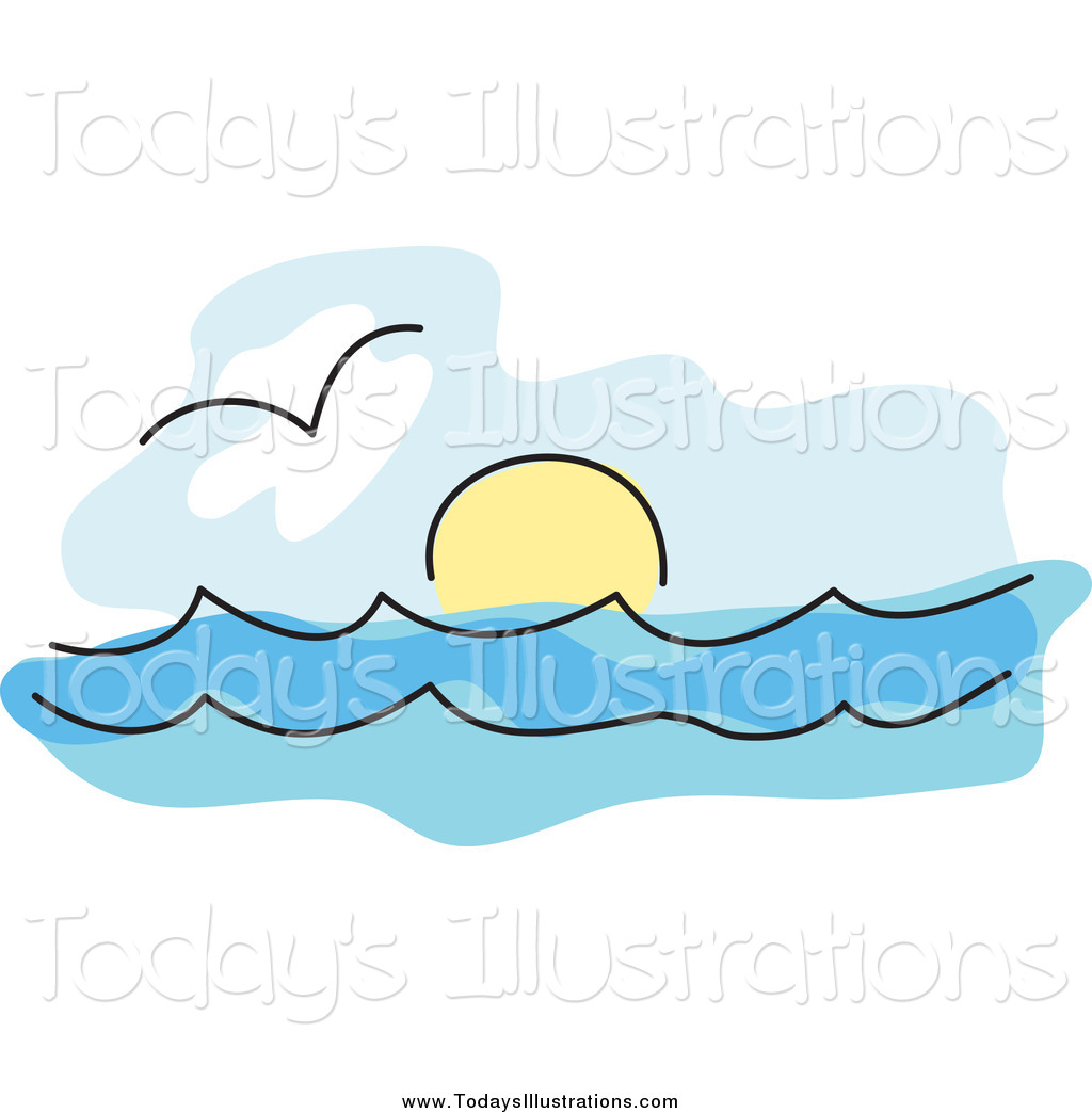 Clipart Of A Seagull Over The Surf And The Sun On The Horizon Of The
