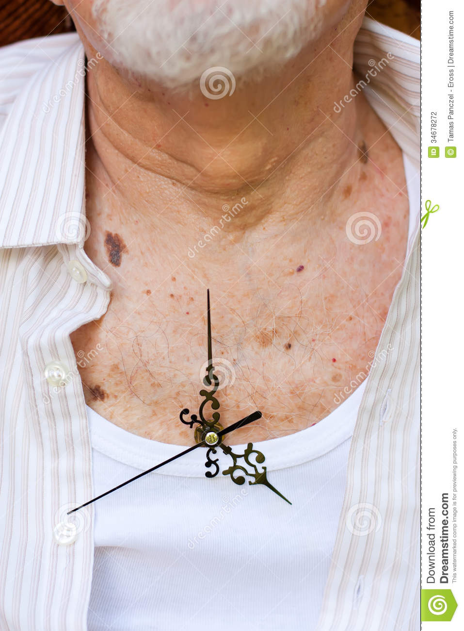 Clock Hands Placed On An Elderly Man S Chest 