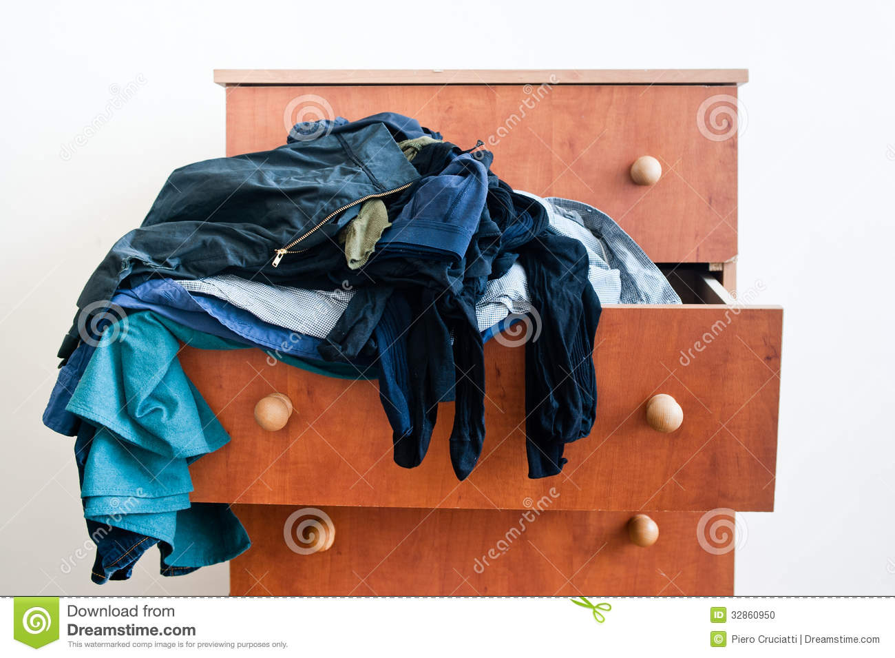 Messy Brown Chest Of Drawers With Mixed Man S And Woman S Clothes    