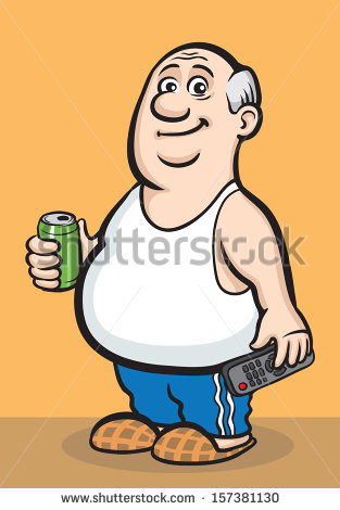 Illustration Of Cartoon Fat Retired Man With Beer Can And Tv Clipart