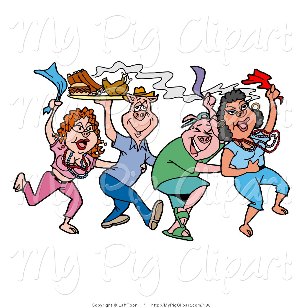 Swine Clipart Of Dancing Mardi Gras Pink Pigs Holding Up A Tray Of Bbq
