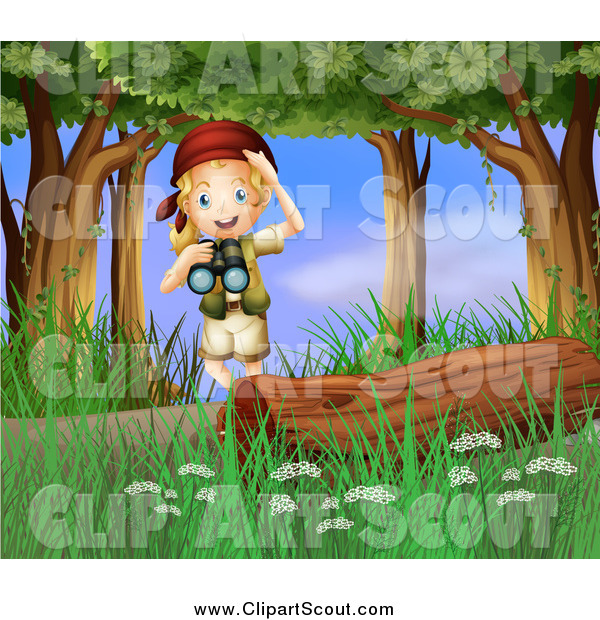 Clipart Of A Blond Excited Scout Explorer Girl With Binoculars In The