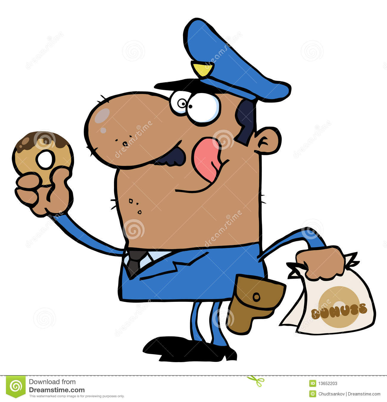 Happy African American Police Officer Eating Donut Stock Photos