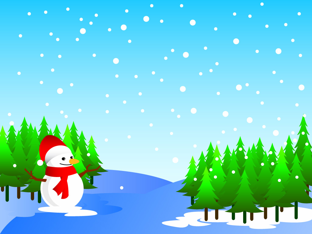 Christmas Trees And Snowman With Santa Hat Drawing Art Wallpaper