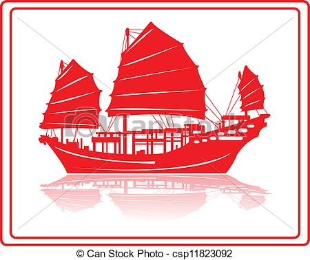 Chinese Junk Boat In Red Silhouette