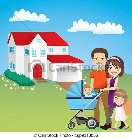 Clip Art Vector Of Beautiful Family House   Young Family Happy Outside