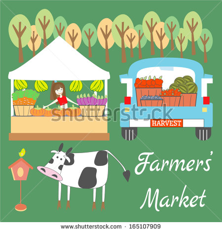 Farmers  Market With Fruits And Vegetables Stands And Cow   Stock