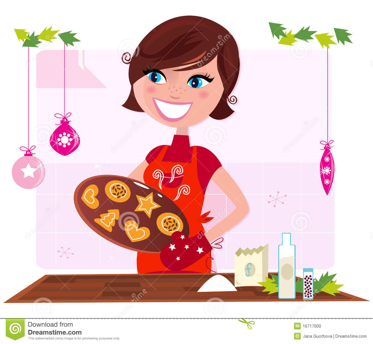 Funny Cooking Illustration Of Mother Preparing Christmas Cookies
