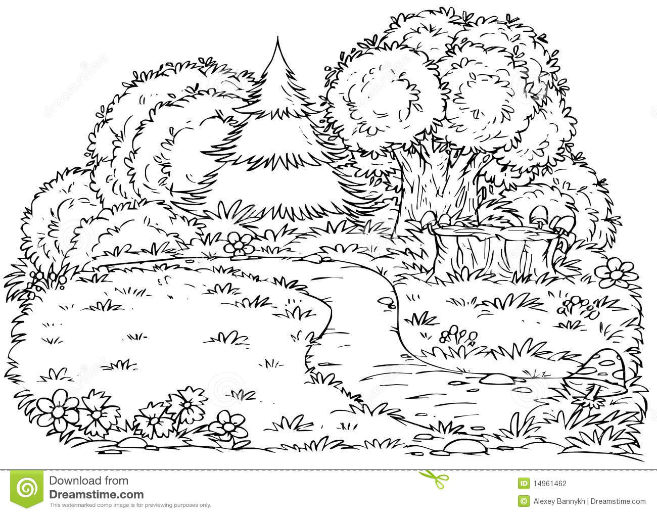 Black And White Illustration  Coloring Page   Forest Glade With A Path