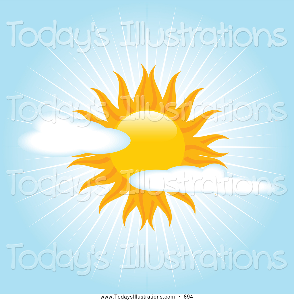 Clipart Of A Bright Beautiful Sun In A Partially Cloudy Blue Sky With