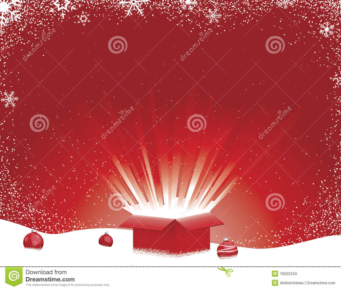Gift Box Exploding Open With Rays Of Light On Snowflake And Snow