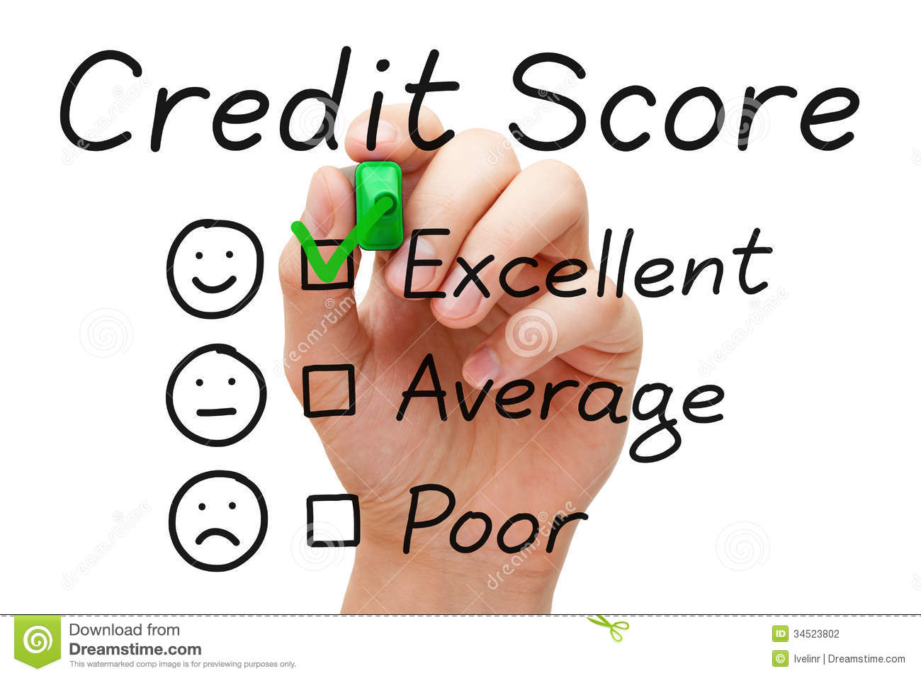 Mark With Green Marker On Excellent Credit Score Evaluation Form