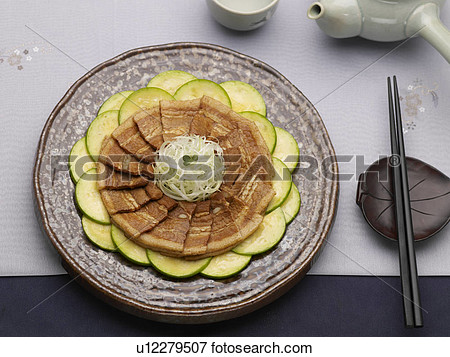 Chopsticks Food Styling Teacup Teapot Sliced Pork With Chili Bean    