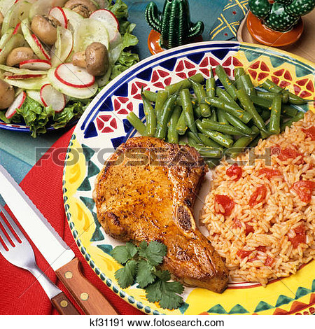 Stock Photography   South Of The Border Pork Chop Mexican Rice Beans    