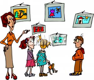 And Students Reviewing An Art Exhibit   Royalty Free Clipart Picture
