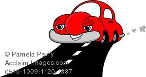 Clip Art Image Of A Cartoon Car Driving On A Road With Smoke Puffs