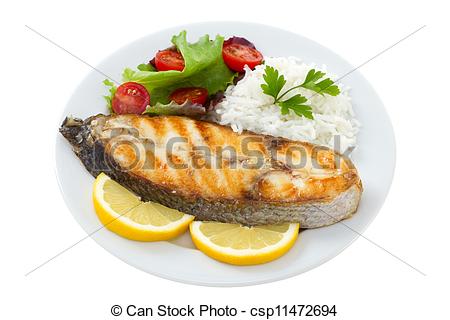 Grilled Fish With Boiled Rice On The Plate On White Background    