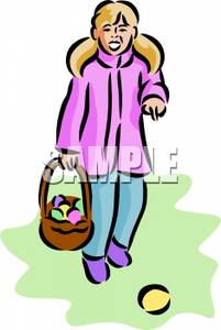 Pretty Young Girl Wearing A Pink Coat Happily Hunting For Easter