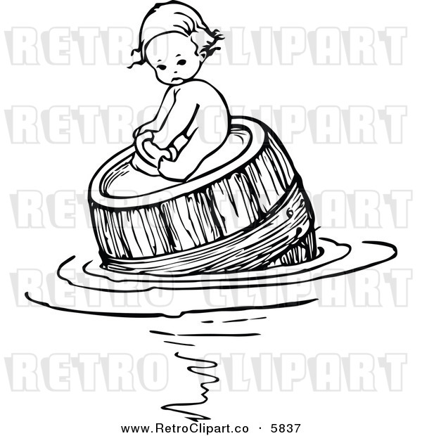 Retro Black And White Baby Floating And Fishing In A Barrel By Prawny