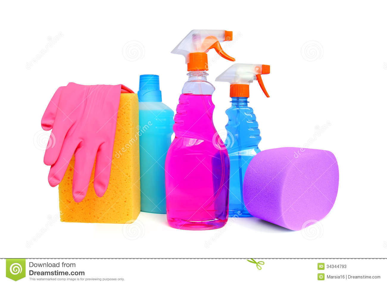 Cleaning Supplies On White Background Including Several Spray Bottles    