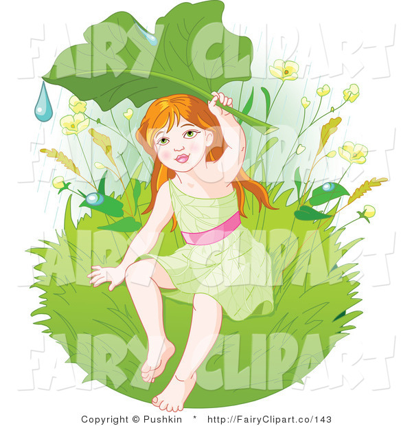 Clip Art Of A Fairy Seeking Shelter From The Rain Under A Leaf By