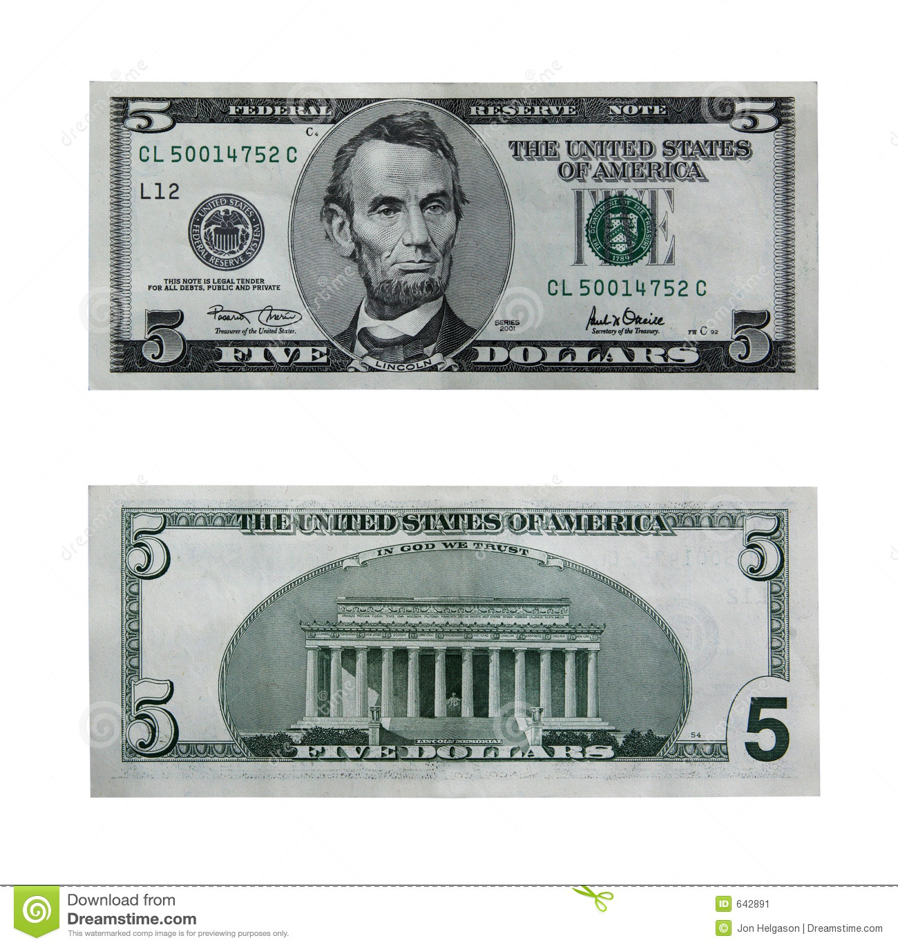 Both Sides Of The Five Dollar Bill Isolated On White With Clipping