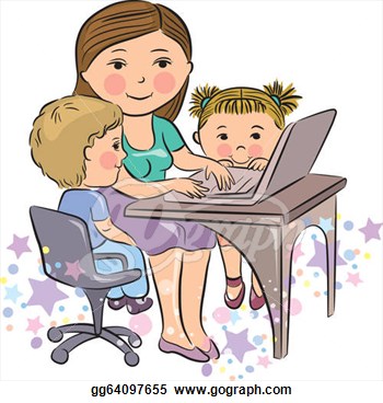 Vector Illustration   Busy Mother Works With Kids  Stock Clip Art