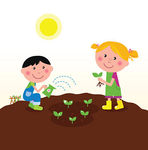 Children Planting Plants In Garden   Boy And Girl Planting