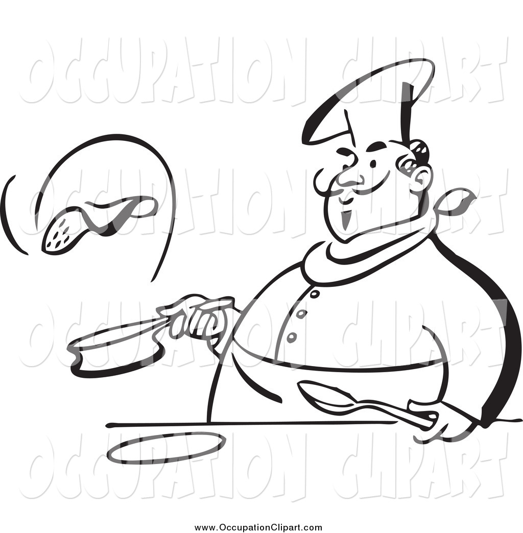 Clip Art Of A Black And White Chubby Male Chef Flipping A Pancake By