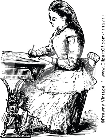 1113717 Clipart Vintage Black And White Victorian School Girl Writing