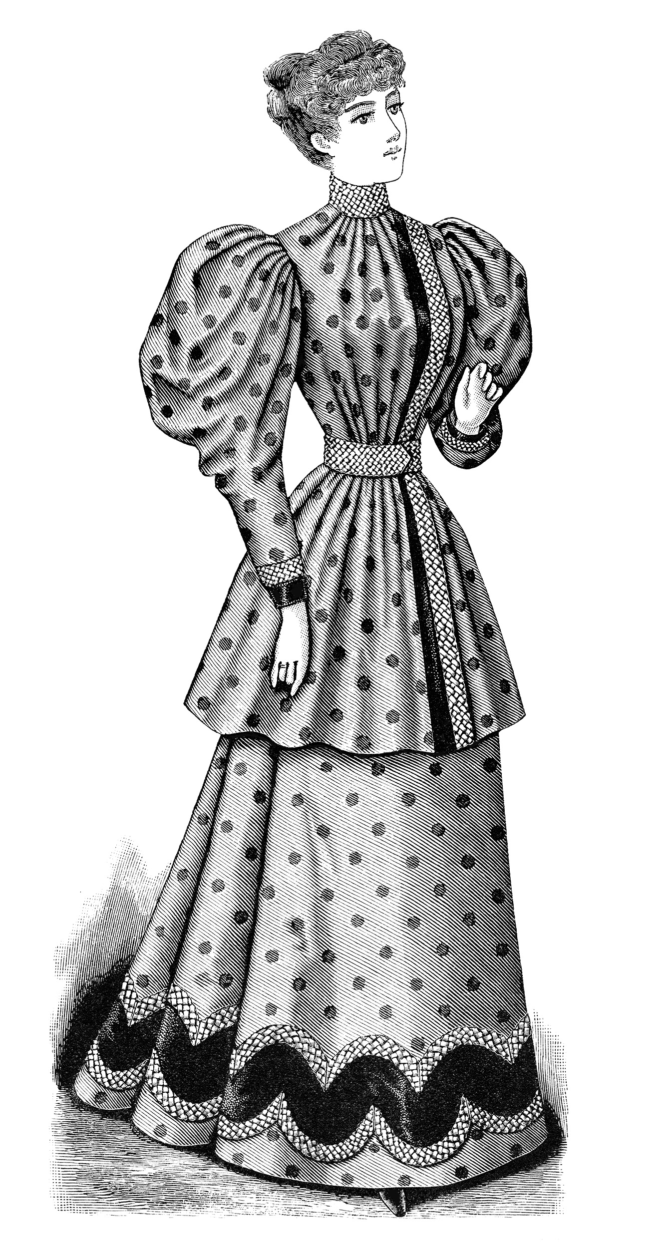 Clip Art Old Fashioned Polka Dot Dress Illustration Black And White