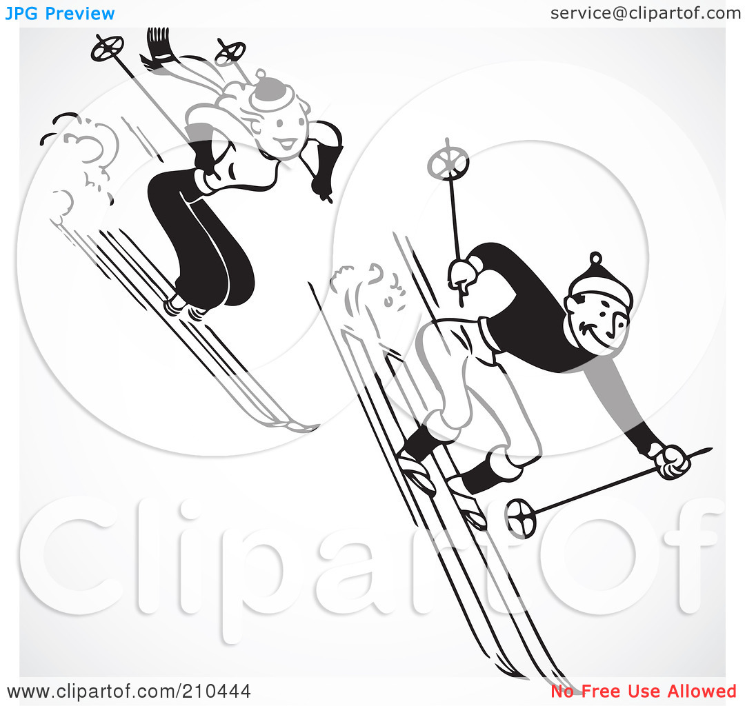Clipart Illustration Of A Retro Black And White Couple Skiing Downhill