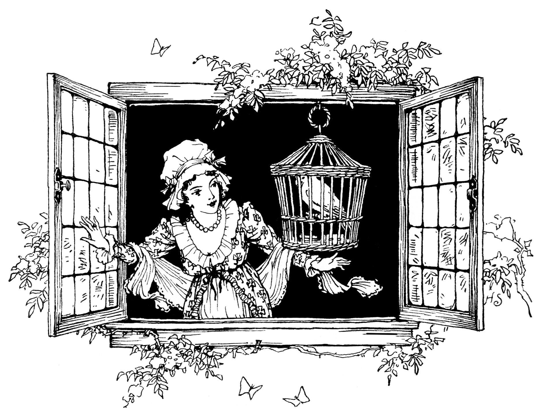 Clipart Victorian Lady Girl And Bird In Window Black And White Clip