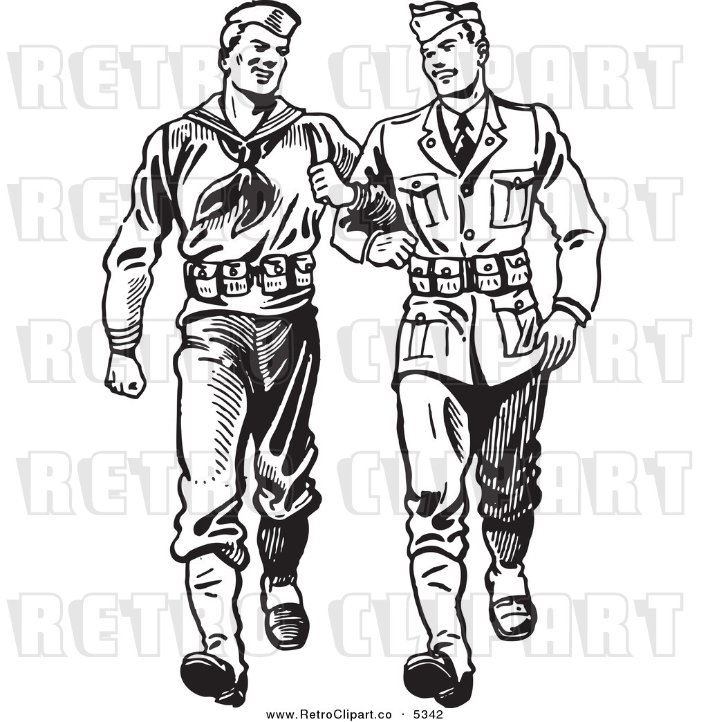 Vector Clipart Of Black And White Retro Soldiers Walking Arm In Arm By    